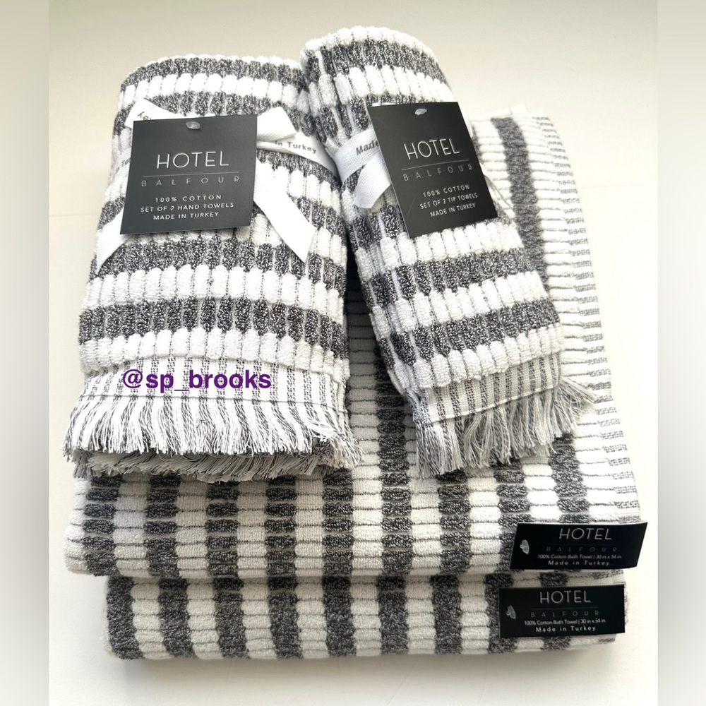 🎁6PC Hotel Balfour Bath Towel Set - Cotton Textured Off White and Heather Gray